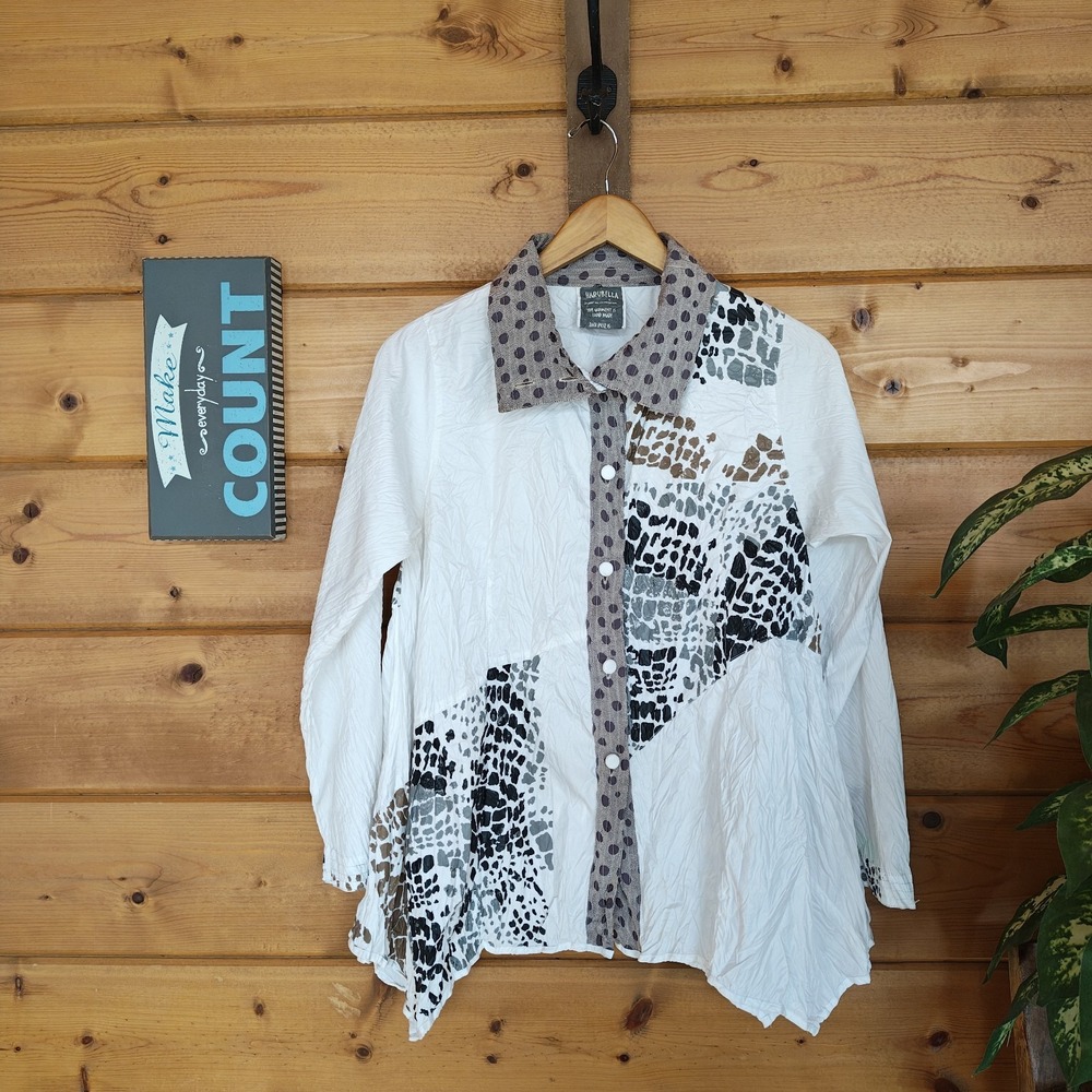 Harubella Handmade Top Lagenlook Boho Art Asymmetric Polka Dot Blouse Crinkle S